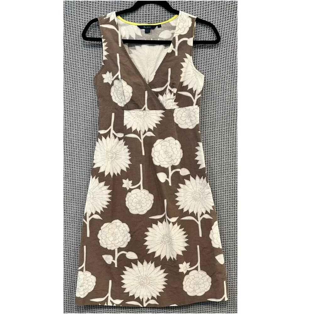 Boden Brown Cream Floral V-neck A-line Sleeveless Dress 8UK / 4US Casual Summer - Picture 1 of 8